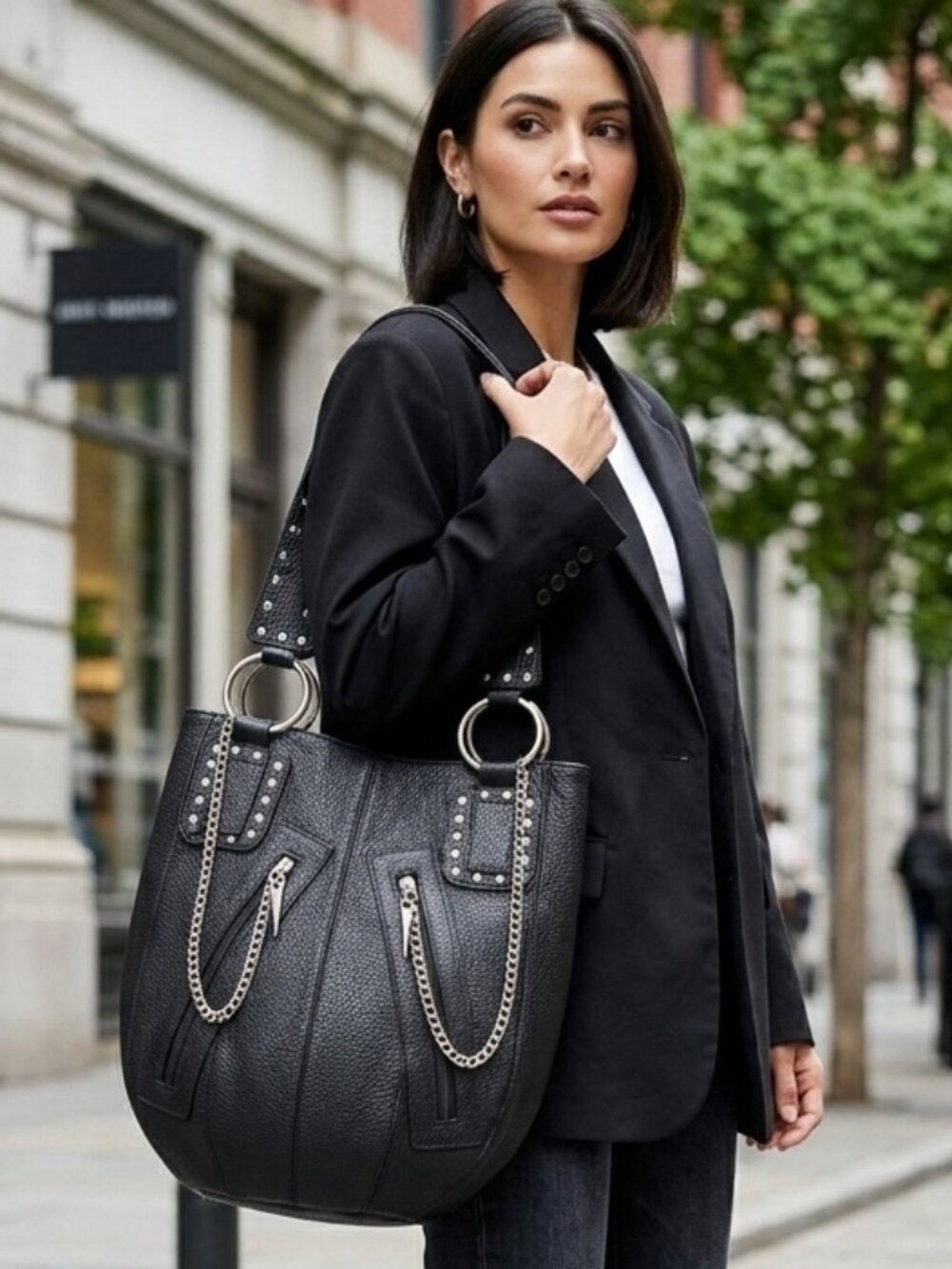 Moreyra Creaciones Genuine Black Pebbled Leather Studded Hobo Bag Chain Detail E